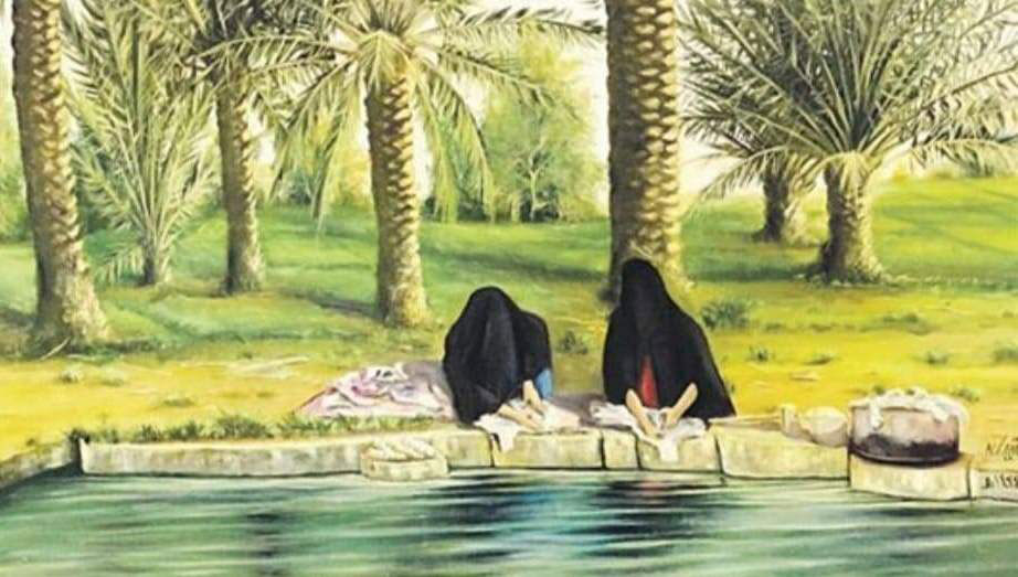 النخلة والإنسان وجهان لاستمرار الحياة (لوحة للسعودي صالح النقيدان)