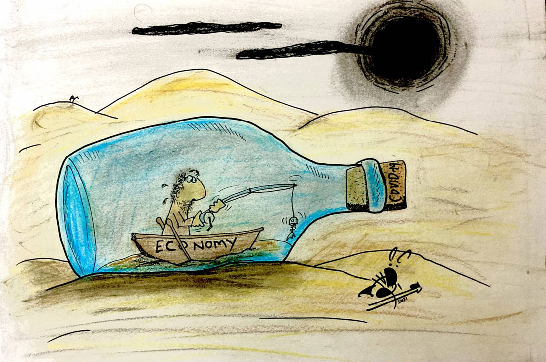 هل يخرج الاقتصاد العالمي من عنق الزجاجة؟ (رسم للفنان بدر المشرخ)